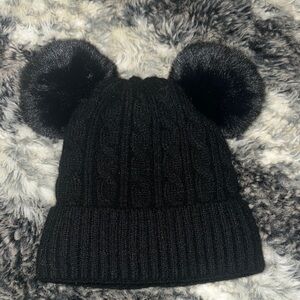 Black Knitted Winter Hat with Pom-Poms